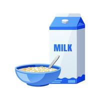Bowl of cereal and a box of milk isolated on white background. vector