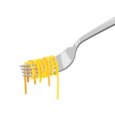 Pasta on a fork isolated on white background.