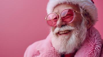 Glamorous Santa Claus in pink clothes and sunglasses laughing joyfully on background with copy space photo