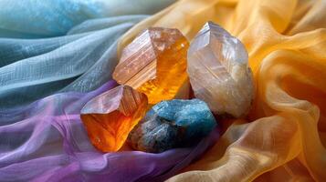 Various polished healing crystals like citrine, malachite, selenite on a silk cloth. New age banner photo