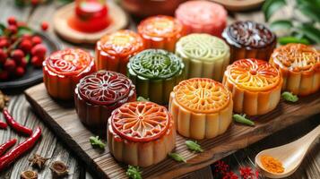 A variety of mooncakes of vibrant colors on a wooden board. Chinese pastries for Mid-Autumn Festival photo