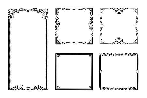 collection frames, hand drawn ink elements on white background