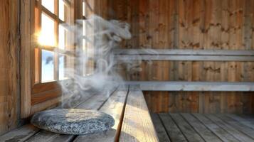 Steaming Sauna Stone On Wooden Bench. Hot stone therapy. Wellness, Relaxation, Stress Relief, Spa photo