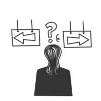 hand drawn doodle business woman thinking of choosing direction vector