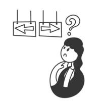 hand drawn doodle business woman thinking of choosing direction vector