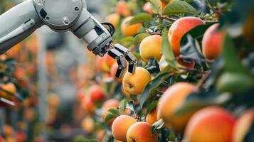 Robotic arms gently picking ripe apples from trees in an orchard. Use of technology in agriculture photo
