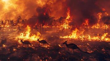 Kangaroos fleeing fire, aerial view of a blazing Australian forest. Destructive impact of wildfires photo