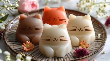 Cute cat-shaped soaps on beige plate, surrounded by flowers. Handmade crafts, soap making, and gifts photo