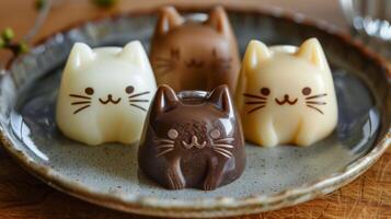 Adorable cat-shaped chocolates in different flavors arranged on a ceramic plate. Desserts, gift idea photo