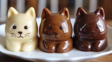 Dog shaped chocolates in various shades of brown on a white plate. Handmade desserts for dog lovers photo