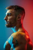 Side Profile Of A Boxer With Blue And Red Lighting. Sports and Fitness. Vertical Banner photo
