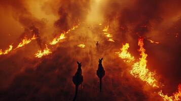 Kangaroos fleeing fire, aerial view of a blazing Australian forest. Destructive impact of wildfires photo