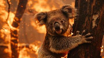 Koala clings to a tree trunk while intense flames burn a forest. Distress of wildlife, forest fires photo