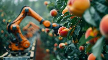 Robotic arms gently picking ripe peaches from trees in an orchard. Use of technology in agriculture photo