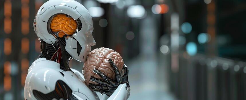 Sleek robot with exposed brain holding human brain. Integration of robotics. Wide banner, copy space photo