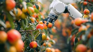 Robotic arms gently picking ripe peaches from trees in an orchard. Use of technology in agriculture photo