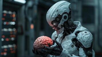 A futuristic robot holding a human brain in its hands. Advanced artificial intelligence and robotics photo