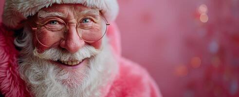 Close-up of Santa Claus in pink clothes smiling on Christmas background. Wide banner with copy space photo