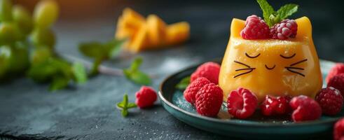 Mango pudding shaped like cat, with fresh berries. Dessert for children and cat lovers. Wide banner photo