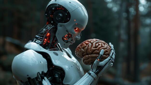 Robotic humanoid holding human brain. Connection between artificial intelligence and human cognition photo