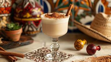 Mexican cocktail with a creamy base and a cinnamon garnish on a tile table with decorative elements photo