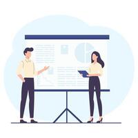 A man and a woman make a presentation in front of a large banner. Flat illustration vector