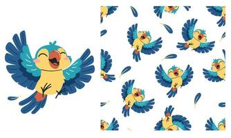 set for product print, print and seamless pattern. Cute happy parrot and feathers on white background. Seamless pattern vector