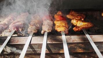 Chicken, meat and liver kebabs are fried on an open grill with charcoal video