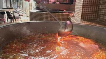 Chef mixes meat soup with vegetables in a large cauldron with a slotted spoon video