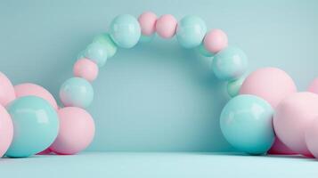 Arch made of pastel pink and blue balloons, soft turquoise background. Birthday celebrations, events photo