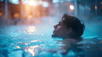 A man in ice bath next to sauna, contrast therapy, with steam rising. Cold water quenching procedure photo