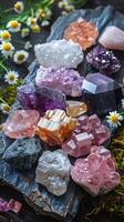 Healing crystals like amethyst, rose quartz, and obsidian on wooden surface. New age vertical banner photo