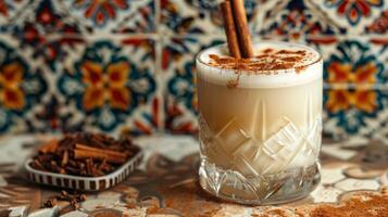 A creamy cinnamon cocktail with cloves, resting on a Mexican tile surface. Banner with copy space photo