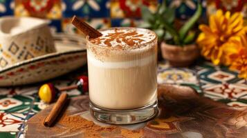Close-up of a creamy cocktail with cinnamon. Colorful tiled tabletop with festive Mexican details photo