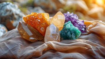 Various polished healing crystals like citrine, malachite, selenite on a silk cloth. New age banner photo