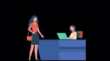 Female Customer Standing At Reception Desk And Talking To Female Receptionist On Alpha Channel 2D Cartoon Animation video