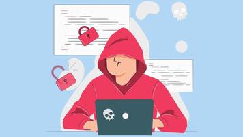 hacker com computador portátil computador roubando senhas e quebra dentro confidencial dados 2d desenho animado animação video