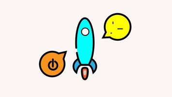 Blue rocket symbolizes innovation, power button depicts activation, flag denotes progress, and speech bubbles represent communication. Suitable for tech concepts. Rocket, power, flag, speech bubbles. video