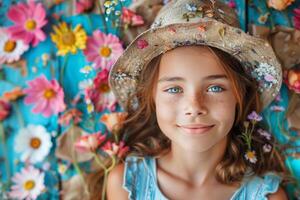 Smiling Girl in a Floral Hat, Summertime photo