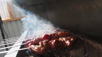 Chicken, meat and liver kebabs are fried on an open grill with charcoal video