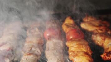 Chicken, meat and liver kebabs are fried on an open grill with charcoal video