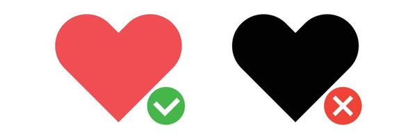 A set of heart mark icons with a check mark and a heart mark with a cross mark. vector