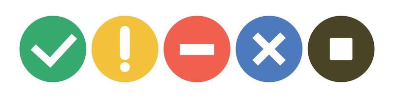 Icon set of check mark, exclamation, stop mark, cross mark, and stop button. vector