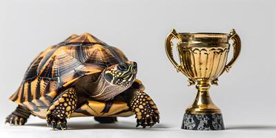 A turtle and winning trophy as a concept of perseverance photo
