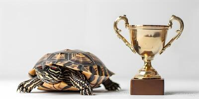 A turtle and winning trophy as a concept of perseverance photo