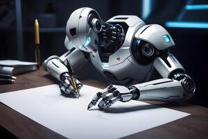 A futuristic robot writing on a paper photo