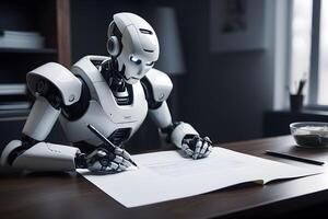 A futuristic robot writing on a paper photo