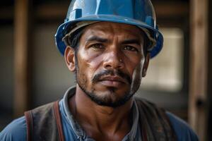 A close up portrait of a labor in a construction site photo