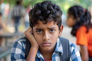 A stressed and unhappy kid with his homework photo