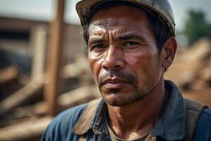 A close up portrait of a labor in a construction site photo